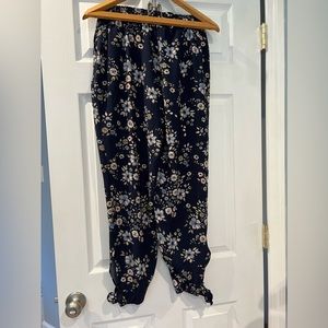 Maison Jules Navy Floral Pants with Ankle Ties Size Medium